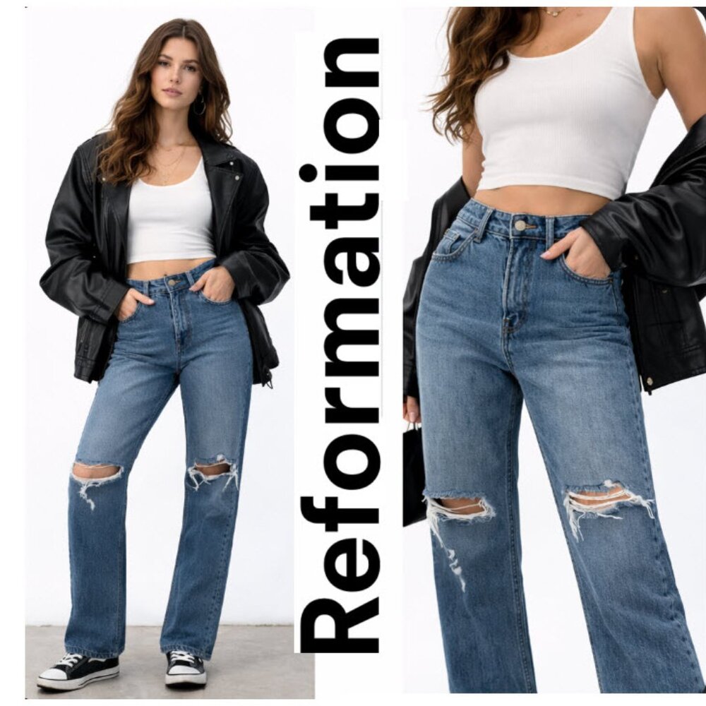 Reformation Selena High Rise Relaxed Jeans Distressed Straight Leg Size 24